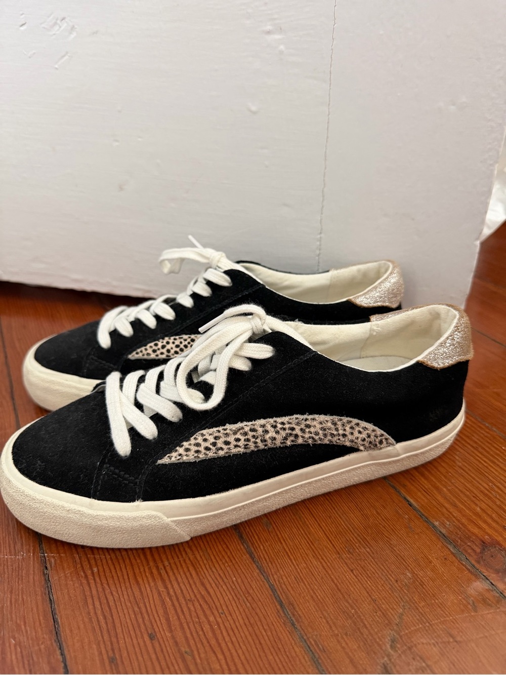 Madewell Black Suede Sneakers with Leopard Stripe and Metallic Heel